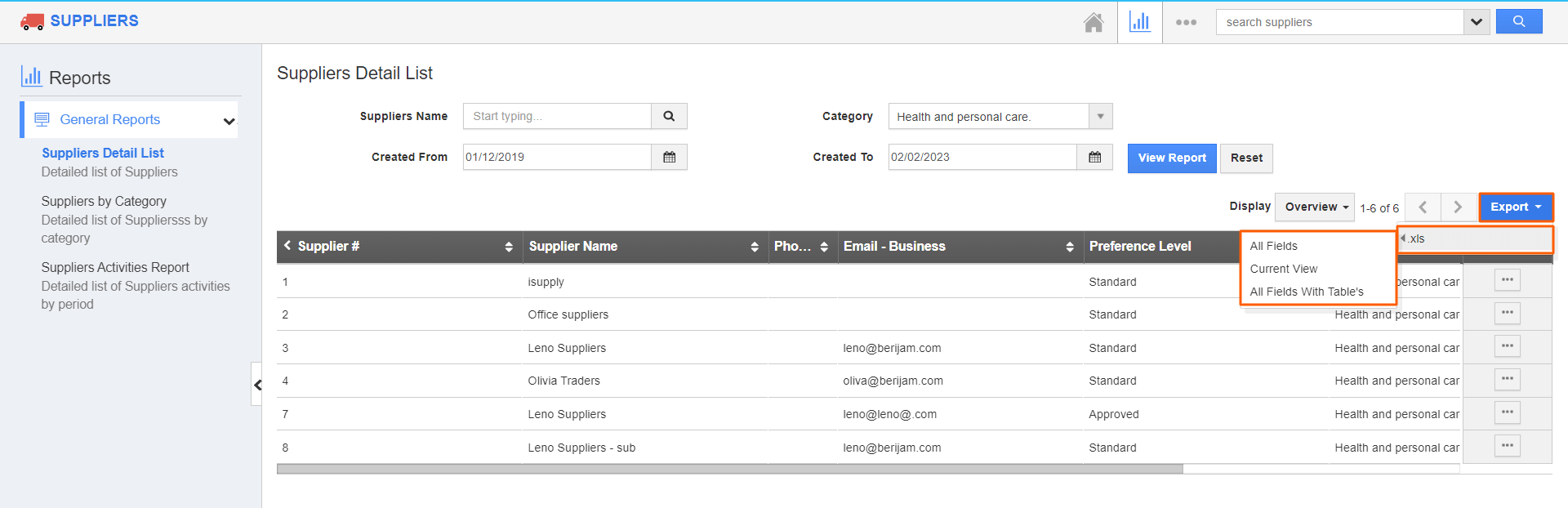 Suppliers - Export button